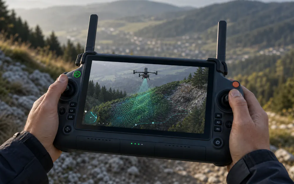 DJI RC Plus 2 Controller mit LiDAR-Punktwolkenansicht einer DJI Matrice 400 und Zenmuse L3