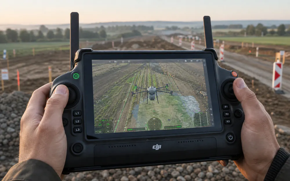 DJI RC Plus 2 Controller mit Vermessungsansicht einer DJI Matrice 4E über einer Baustelle