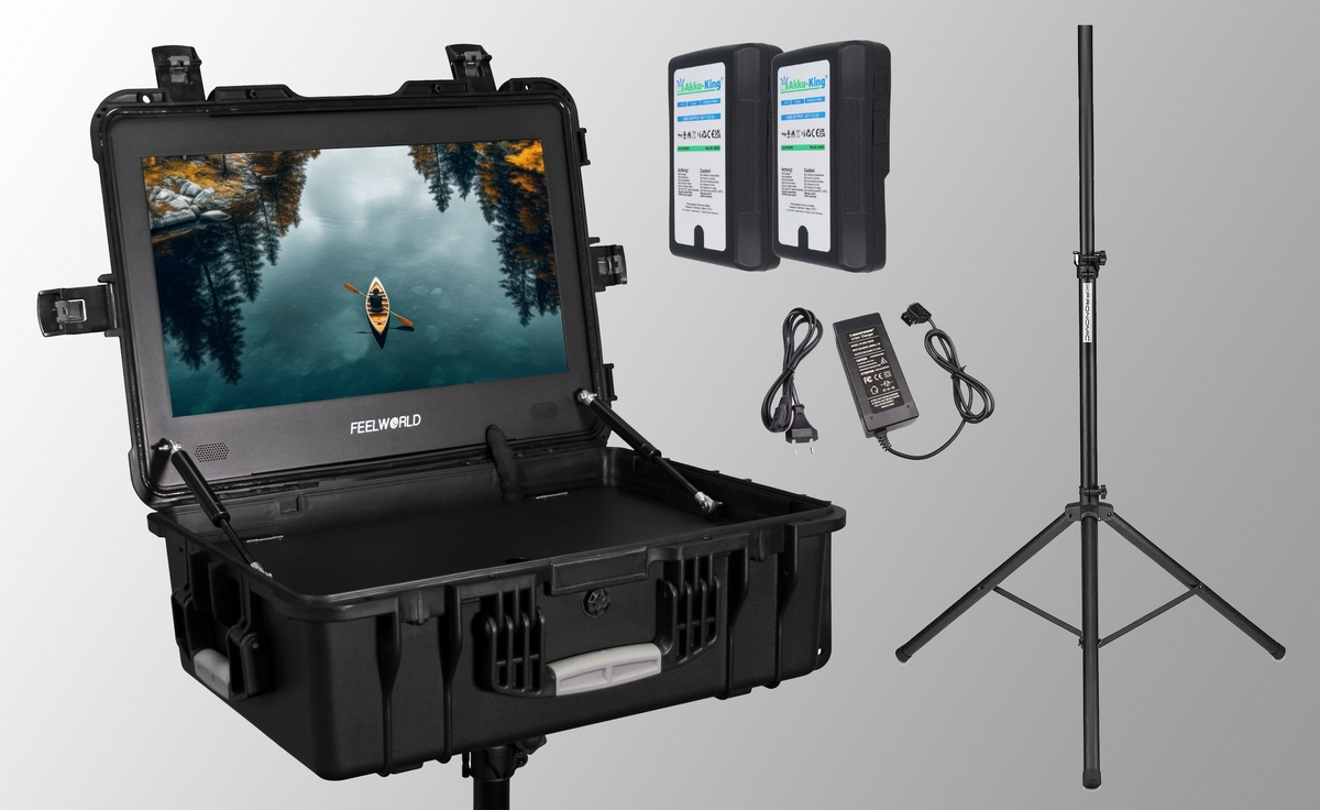 FEELWORLD 21,5" 1000 cdm² Feld-Monitor-Koffer-Set mit Stativ und 2 Akkus