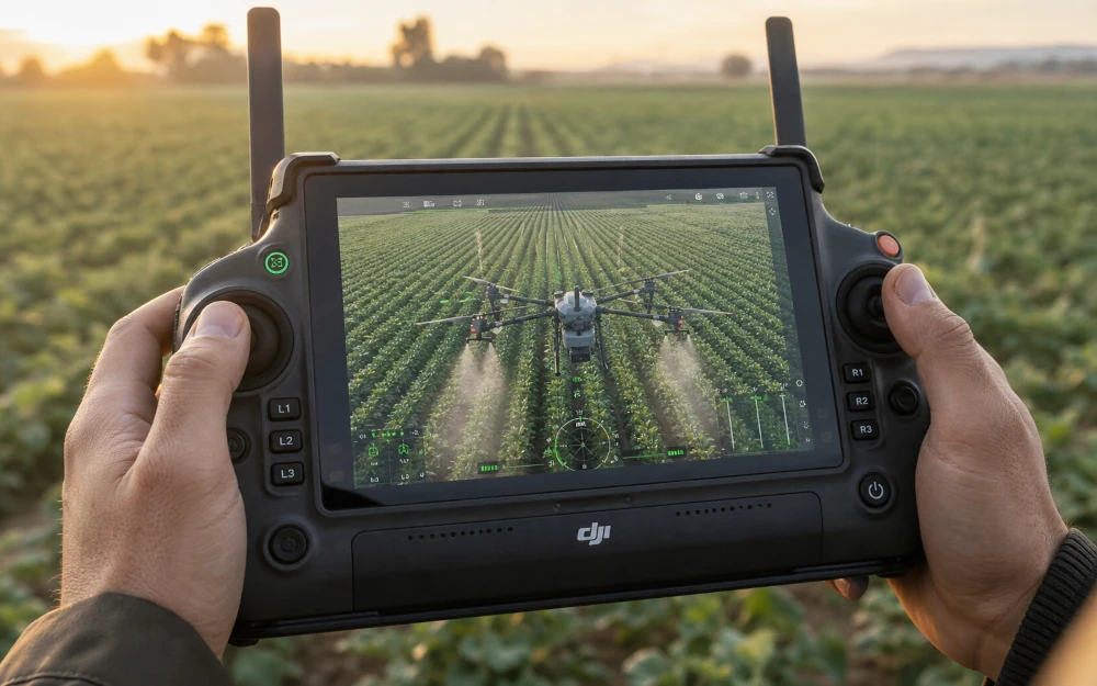 DJI RC Plus 2 Controller mit Live-Ansicht einer DJI AGRAS T100 bei der Feldausbringung