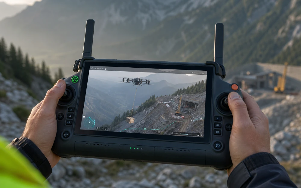 DJI RC Plus 2 Controller mit Live-Ansicht einer DJI FlyCart 100 beim Lastentransport im Gebirge