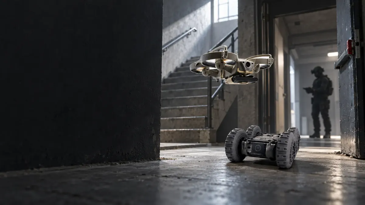 Sky-Hero Drohne und Rover erkunden ein Treppenhaus